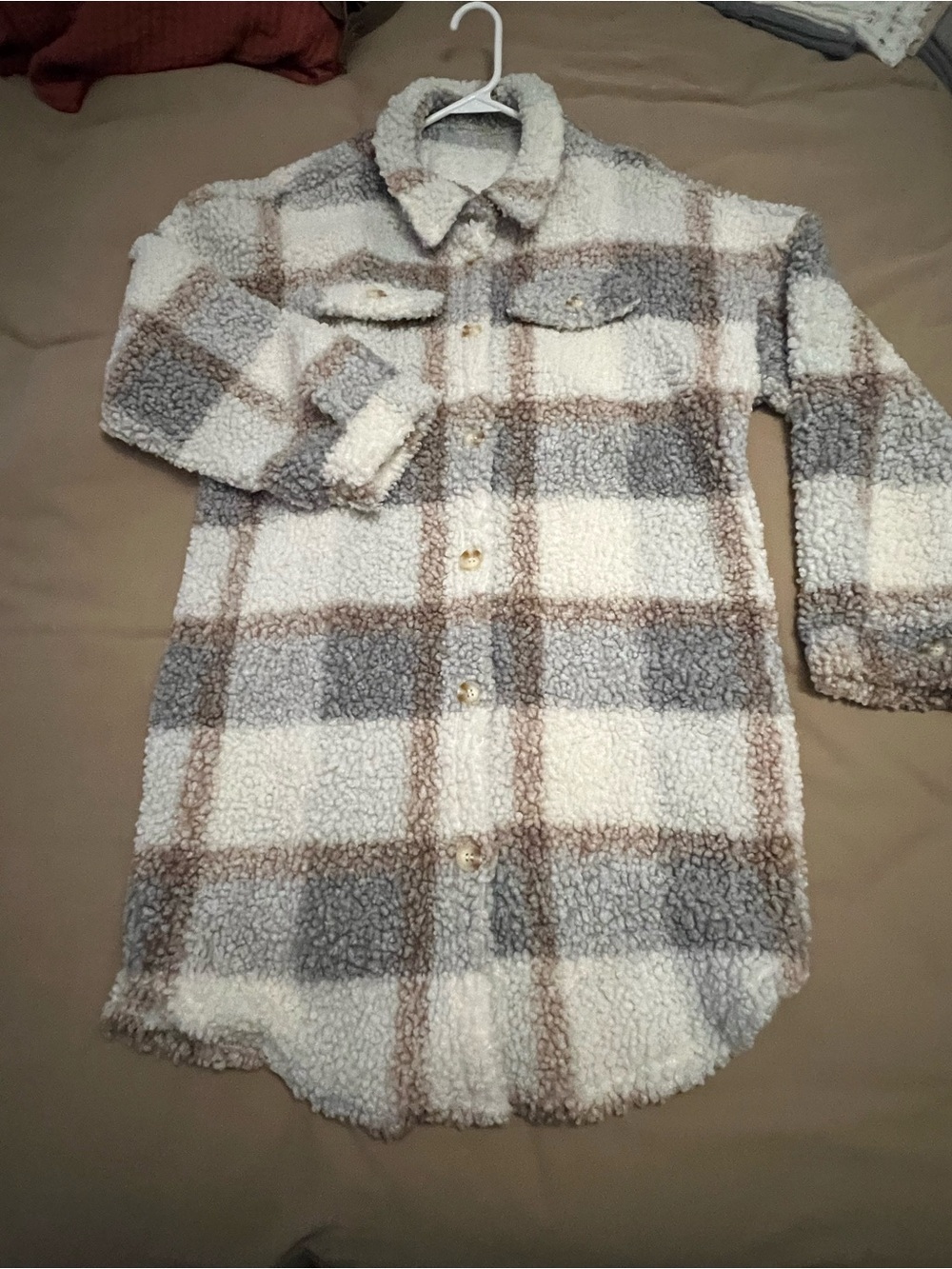 Cozy Sherpa Plaid Button-Front Shacket in Cream, Gray & Brown women’s size XL